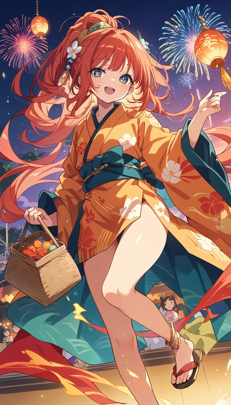 Character Design:
• Hair: Fiery red and orange gradient, appearing to flicker like flames in the light of the summer festival.
• Clothing: Modern-style yukata with flame motifs, incorporating red, orange, and gold hues.
• Accessories: Floral hairpieces and a fan matching the yukata, holding a bag with a goldfish caught at the festival.
Summer Festival Scene:
1. Background:
• Stalls: Rows of food and game stalls illuminated by lanterns, with bustling activity around yakisoba, takoyaki, shaved ice, and other stalls.
• People: Various festival-goers in yukata, including families, couples, and friends, enjoying the summer festival.
2. Activities:
• Food: The phoenix woman enjoying a red shaved ice or a golden cotton candy, reflecting her fiery color palette.
• Games: Participating in activities like shooting games or yo-yo fishing, focusing intently on the target or smiling as she catches a yo-yo.
3. Special Moments:
• Fireworks: A scene with fireworks lighting up the night sky, with the phoenix woman illuminated by the colorful bursts, creating a magical atmosphere.
• Dancing: Participating in traditional bon dance, her movements graceful and flowing like flames, blending tradition with her unique beauty.
Color Palette:
• Phoenix Woman: Dominantly red, orange, and gold.
• Background and Accessories: Colorful festival lanterns and stalls, with the night sky and fireworks adding additional vibrancy.
Concept:
• Capture the liveliness and joy of a summer festival while highlighting the phoenix woman’s mystical allure.
• Blend everyday festival scenes with the extraordinary beauty of the phoenix, creating a visually captivating moment.