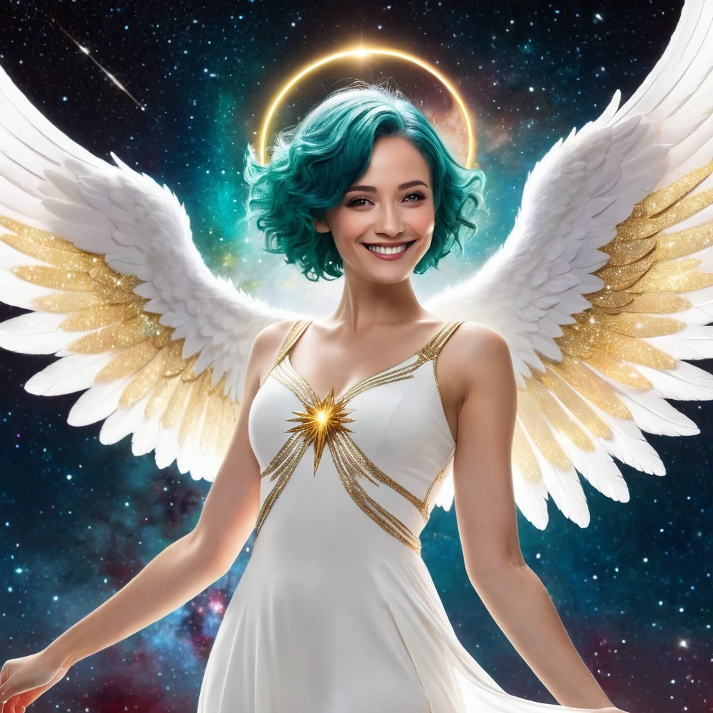 a woman, teal hair, red eyes, smile, angel wings, golden halo, white dress, standing upright, in outer space, Milky Way in the background, stars in the distance, upper body