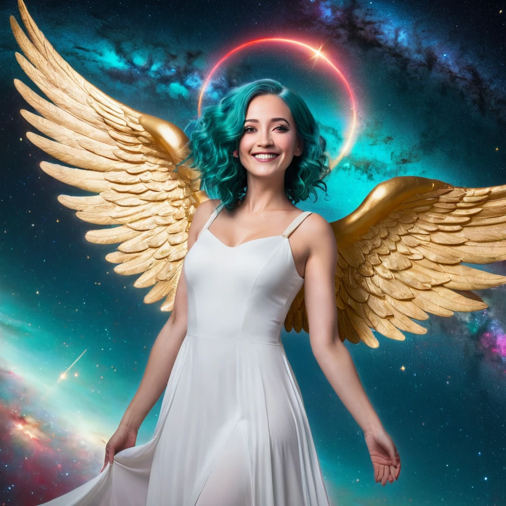 a woman, teal hair, red eyes, smile, angel wings, golden halo, white dress, standing upright, in outer space, Milky Way in the background, stars in the distance, upper body