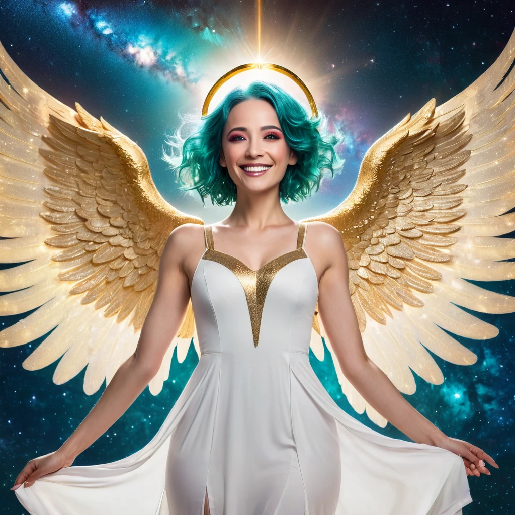 a woman, teal hair, red eyes, smile, angel wings, golden halo, white dress, standing upright, in outer space, Milky Way in the background, stars in the distance, upper body