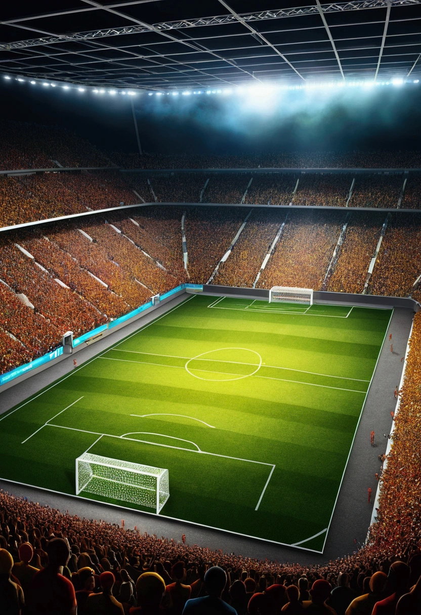 Create a view from inside the football field., The players looked at the crowd., realistic crowd, colors, fire, Point of interest