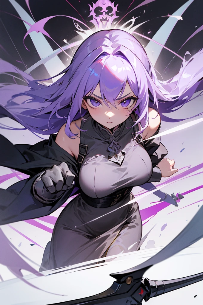 (Beautiful girl,Royal Knights),Light purple hair、Long Hair、Portrait of a noble knight,Speed Line,Combat Stance,Wield a huge weapon,Expressionless,Faint-hearted face、the below described,magma,Big Grim Reaper Scythe、Stocky body、Shoulders out、White background