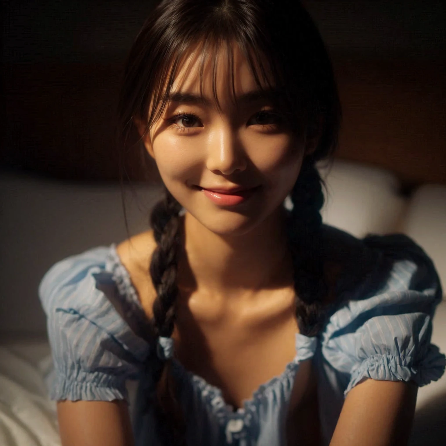 close up A young Korean woman in a dress sits on a bed, propped up, smiling at the camera. Her hair is styled in two braids with bangs. The dim lighting creates a calm bedroom atmosphere, with the spotlight focused on her. The shot is vivid and captures the essence of a cinematic masterpiece in HDR.