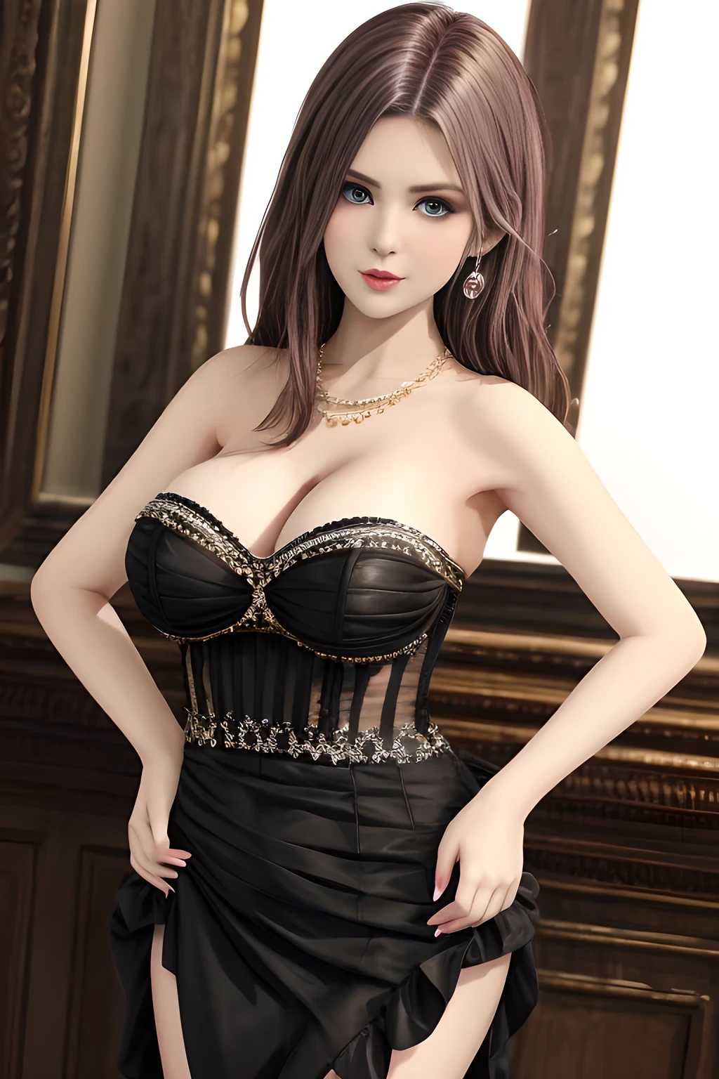 1girl is wearing an elegant black strapless dress. The dress is beautifully designed with ruching on the bodice and a cascading ruffled asymmetrical hem, adding a playful and chic touch to the outfit. The person is standing upright, with one hand gently touching their leg and the other hand relaxed by their side. The background is plain and neutral, drawing attention to the dress itself. The lighting is soft, highlighting the details of the dress and creating a fashionable and stylish atmosphere,, huge breasts, elise