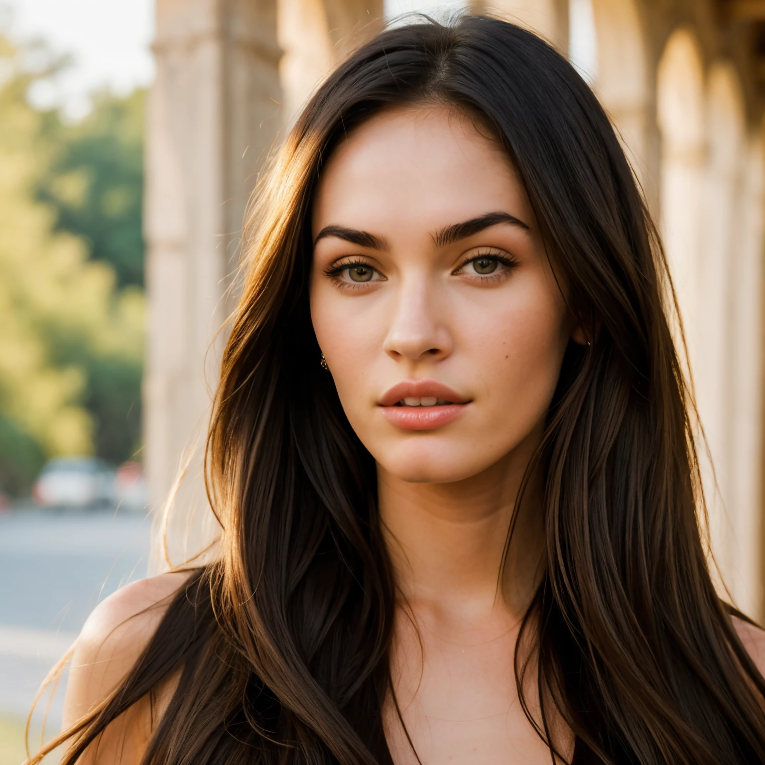 A photorealistic portrait of a 20-year-old italian girl like megan fox with long, flowing brown hair and striking dark eyes. She should have a natural, approachable expression and be illuminated by soft, golden-hour sunlight. The background should be a scenic indoor setting, chamber. Capture this image with a high-resolution photograph using an 85mm lens for a flattering perspective