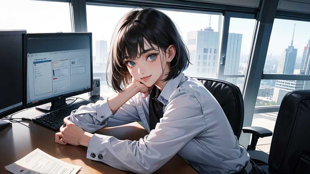(perfect anatomy:1.2)(absurdres, highres, ultra detailed),masterpiece,best quality,high resolution,8k,Realistic face,Realistic skin texture,magnified textures, stunning clarity,detailed anime girl,(ultra detailed eyes and face),(1 girl:1.2)21years old,she is office worker,,smile:1.2,black hair, bob cut,natural make,grey jacket and pants,white brouse,,sparkling eyes.small nose,roundface,office,sitting at her desk,Looking at the VIEWER with the expression of a maiden in love