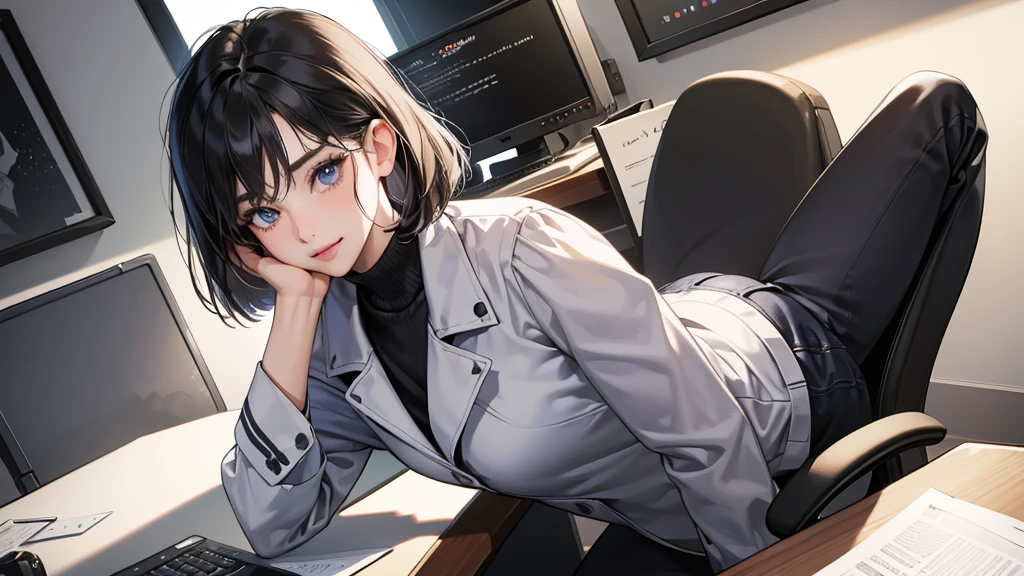 (perfect anatomy:1.2)(absurdres, highres, ultra detailed),masterpiece,best quality,high resolution,8k,Realistic face,Realistic skin texture,magnified textures, stunning clarity,detailed anime girl,(ultra detailed eyes and face),(1 girl:1.2)21years old,she is office worker,,smile:1.2,black hair, bob cut,natural make,grey jacket and pants,white brouse,,sparkling eyes.small nose,roundface,office,sitting at her desk,Looking at the VIEWER with the expression of a maiden in love