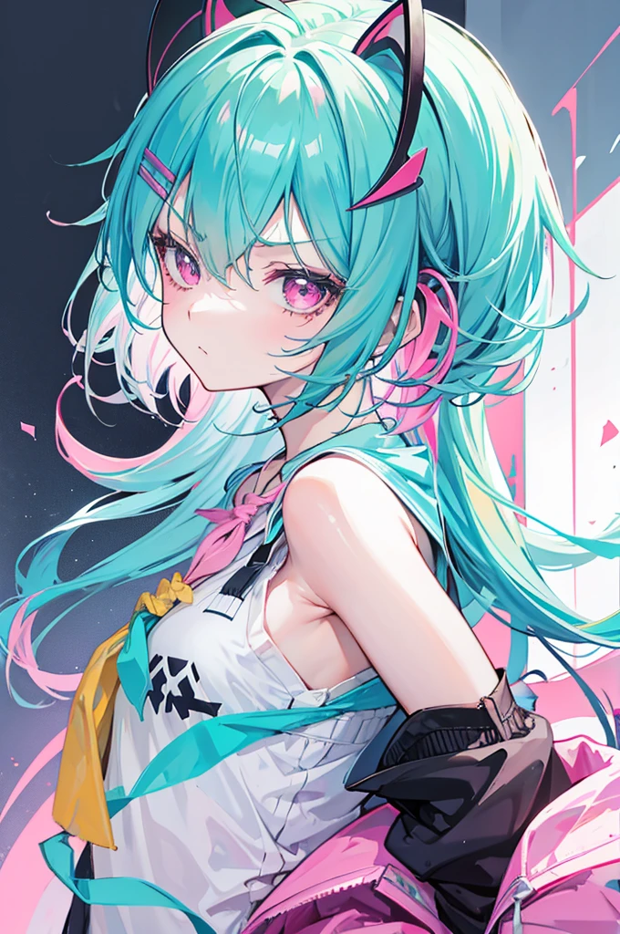 turquoise bob, hairpin, portrait, tsundere, a cute girl, Grumpy, pink eyes, sleeveless shirt, small breasts, Cardigan, Right arm wrapped in bandages