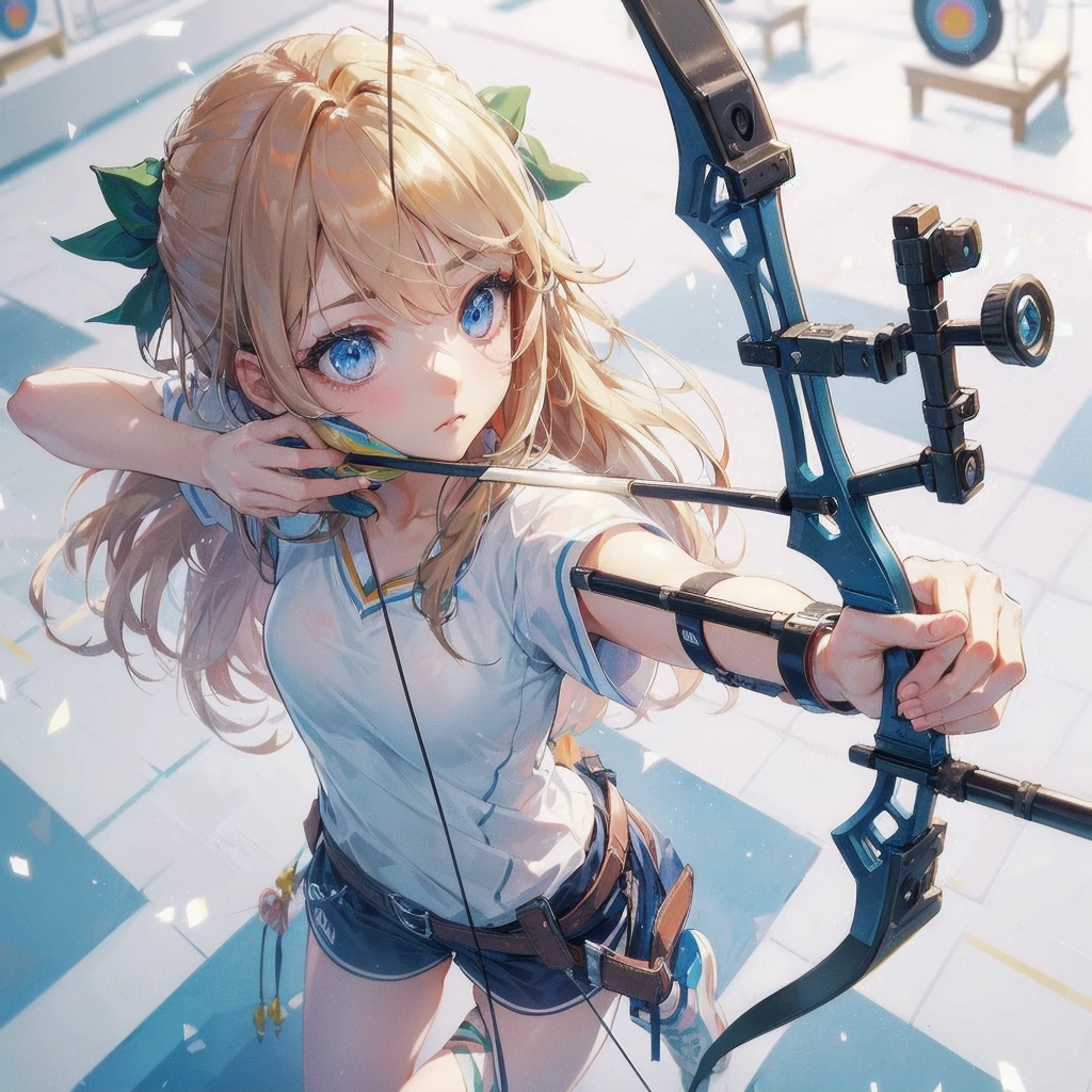 masterpiece, (textured skin), best quality, gorgeous beautiful girl, (a female archery athlete), detailed clothes,large breasts,narrow waist,, (beautiful face), cinematic lighting, (at archery venue ),