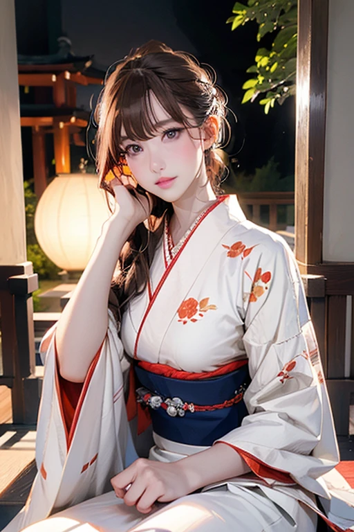 (Official Art、Highest quality、Unity 8k wallpaper、masterpiece、Ultra-high resolution)、Slender、Ample breasts、Highly detailed background、Beautiful girl in yukata、(Highly detailed face and eyes、Beautiful Face、Beautiful Eyes、Beautiful nose、Pretty lips)、Japanese garden、Cowboy Shot、Sitting on the porch、moon明かり、moon、Autumn scenery、