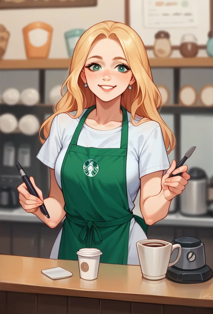 A beautiful, cute, long-haired teenage girl from Taiwan wearing a barista apron without underwear is playing with small children's toys cheerfully and happily. Photo kualitas HD, realitis