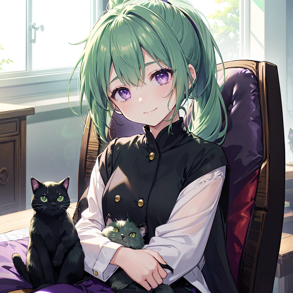 ((((woman、Sit on a chair、Black cat on lap、Close-up)))) (((uniform Green Hair、ponytail Purple Eyes Inside the room))) ((Sunshine enters)) (smile) Shining Edge、Shining Background