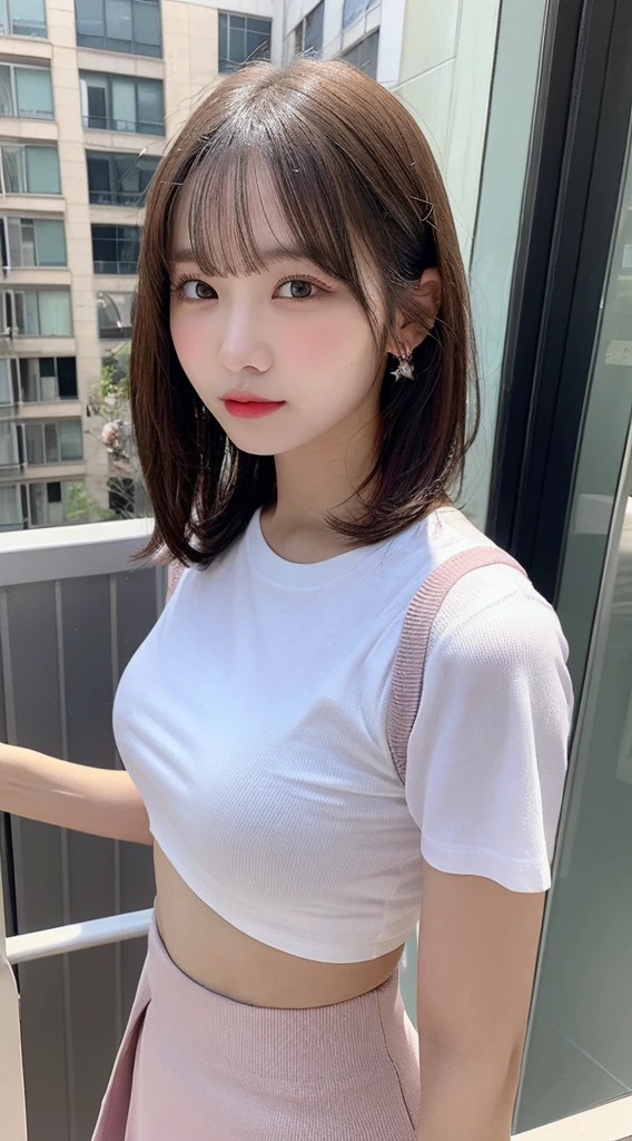 High resolution,Highest quality, shape, Very detailed, In detail, High resolution, 8k wallpaper, Thick lips、Perfect dynamic composition, Glossy with oil々skin、Korean、、Belly button piercing、Pink small mini T-shirt、Short skirt、,Thick thighs、Tight waist、引き締まったLarge Breasts、 Large Breasts、Natural color lip, Bold sexy pose,Balcony in the morning、cute、Selfie、upward angle、Selfie、