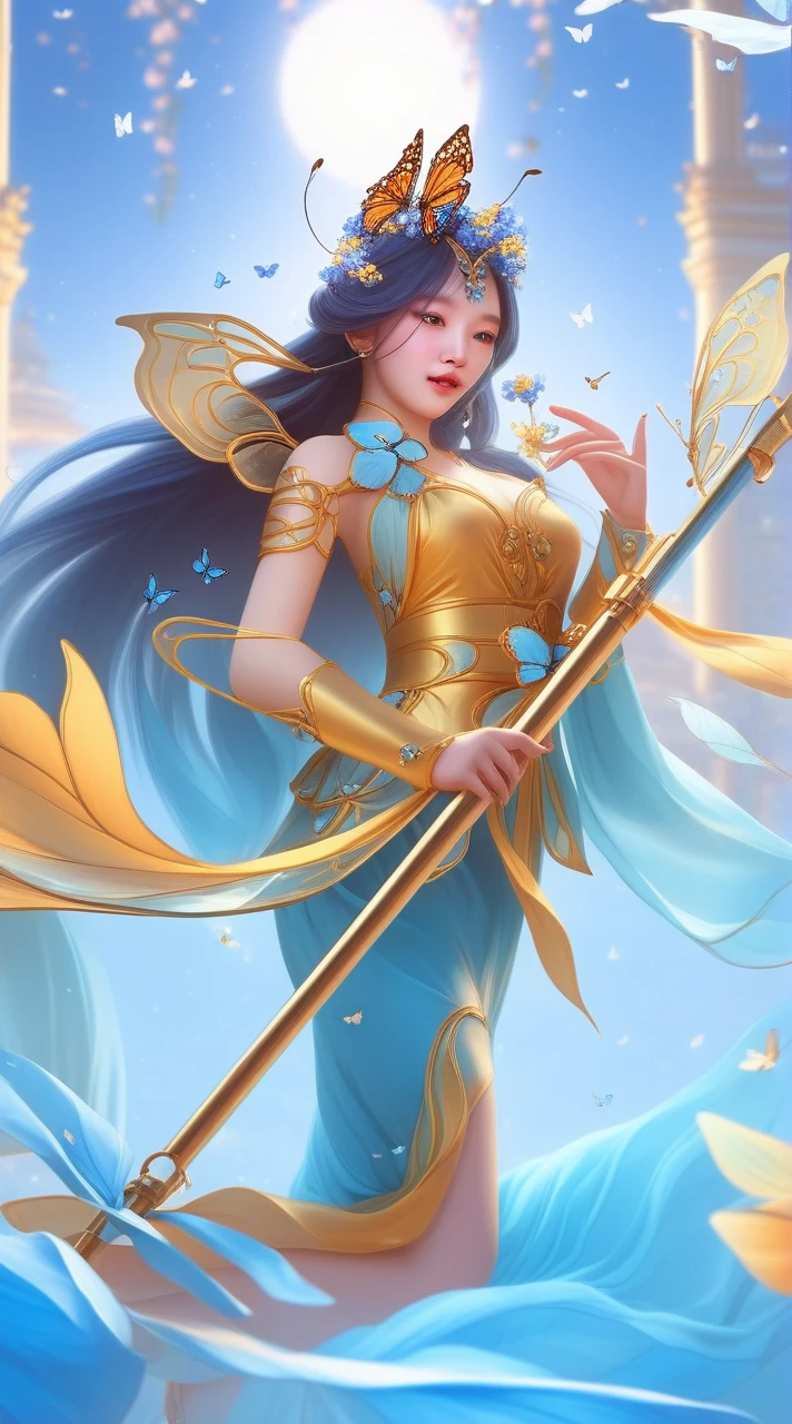 blue butterfly floating in the air， blue flowers, (blue butterfly), woman in blue dress, inspired by Yanjun Cheng, Beautiful digital illustrations, 8k high quality detailed art, guweiz, Popular on cgstation, Inspired by Russell Dongjun Lu, detailed lips, perfect face, young