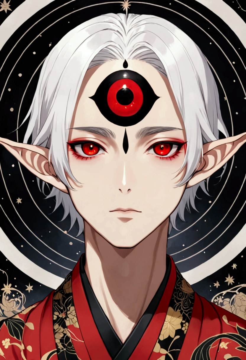 Japanese Anime,Gothic Art,(((1 Boy,独奏,third eye on the forehead,Dark eyeshadow.Middle-parted white hair-super short hair,Elf ears))),(((Gorgeous Japanese red kimono:1.6,Eye Diagram,Dark Pattern))).(((Thin waist,Greenbelt:1.37)))