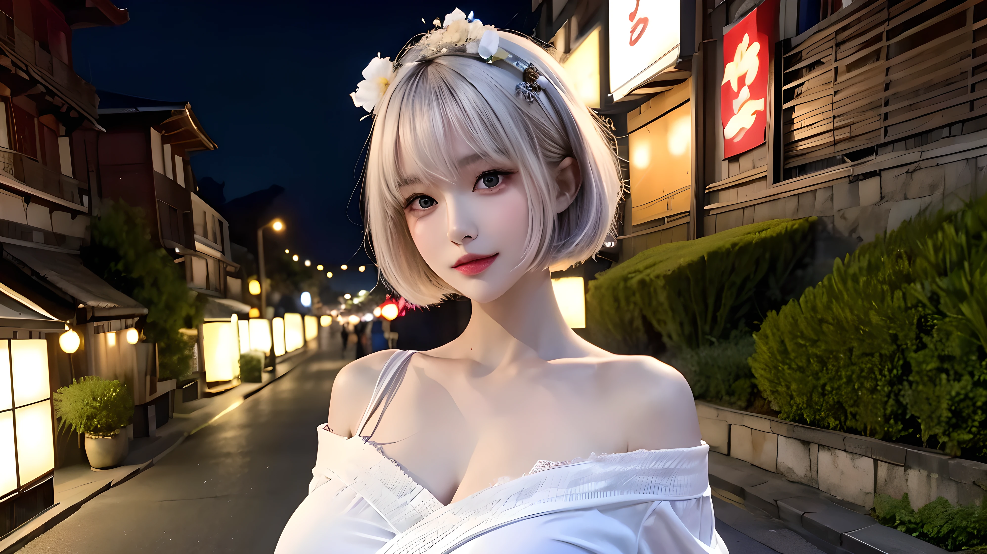 ((((masterpiece, best quality, high resolution)))), Extremely detailed 8K, Beautiful girl with slender body, (Ultra HD, Ultra-detailed, Highly detailed, Highly realistic, Ultra-realistic, photograph realistic), (1girl:1.5), (Realistic white hair), short wavy hair, bob cut, (dynamic poses), facing at camera, light smile, parted lips, purple eyes, (huge breasts: 1.2), cleavage, (beautiful detailed face, beautiful detailed eyes), fluffy off-shoulder yukata, summer festival in background, cityscape scenery, street, night light, night time