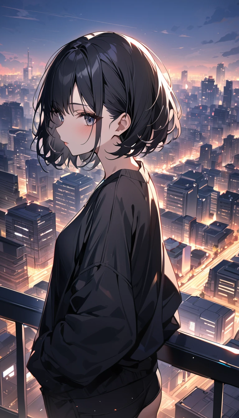 Highest quality,Highest Resolution,sexy，so beautiful，1 female，young teen，alone，Black Short Hair，, city，Calm expression