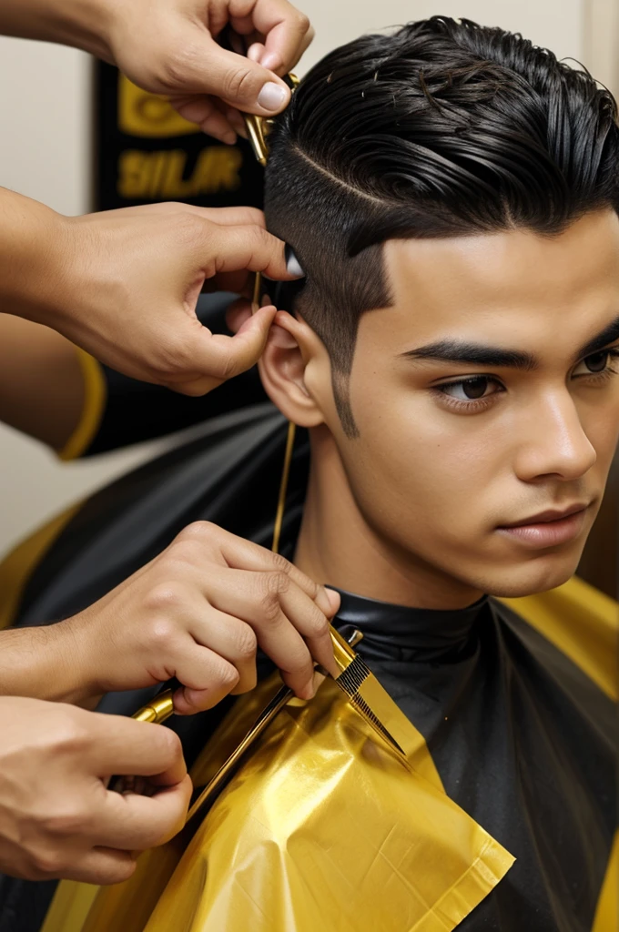 Create image with the name AH HAIR STYLING in color gold and black and with the barber shop logo
