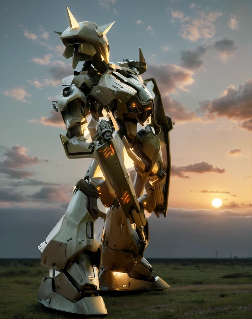 (giant mech standing on the earth, horizon, sunset), sci-fi, naval base, hard surface, armor, metal bolts, robot, industrial, structure, sub-D, (CGI, 3D, realistic), cinematic, 8k, have rifle,