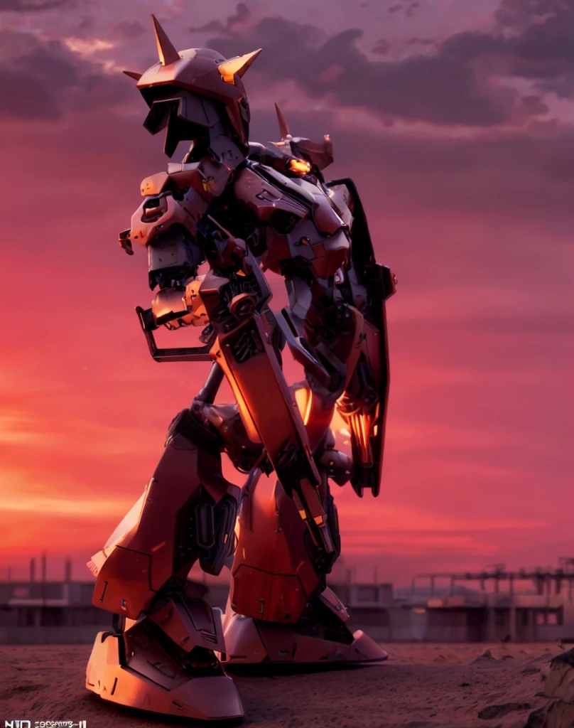 (giant mech standing on the earth, horizon, sunset), sci-fi, naval base, hard surface, armor, metal bolts, robot, industrial, structure, sub-D, (CGI, 3D, realistic), cinematic, 8k, have rifle,