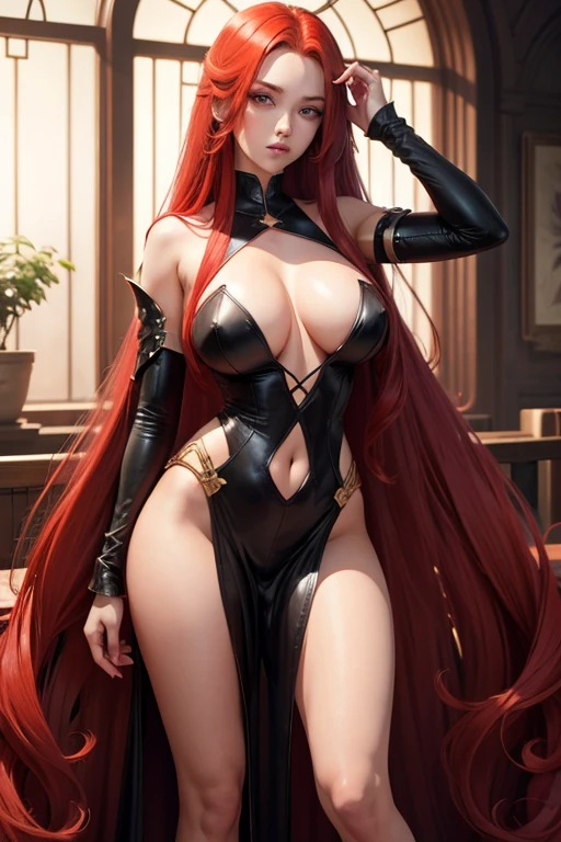 absurdly long hair, red hair, red eyes, huge breasts, 