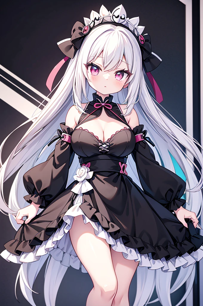 Anime-style image of a woman with white hair and black clothing, Cute 3D anime girl render, Cute anime waifu in a nice dress, Anime VTuber Full Body Model, Anime girl in a black dress, Gothic Maiden Anime Girl, Highly detailed characters, Official character art,Onmyoji,Big Tits,cream puff