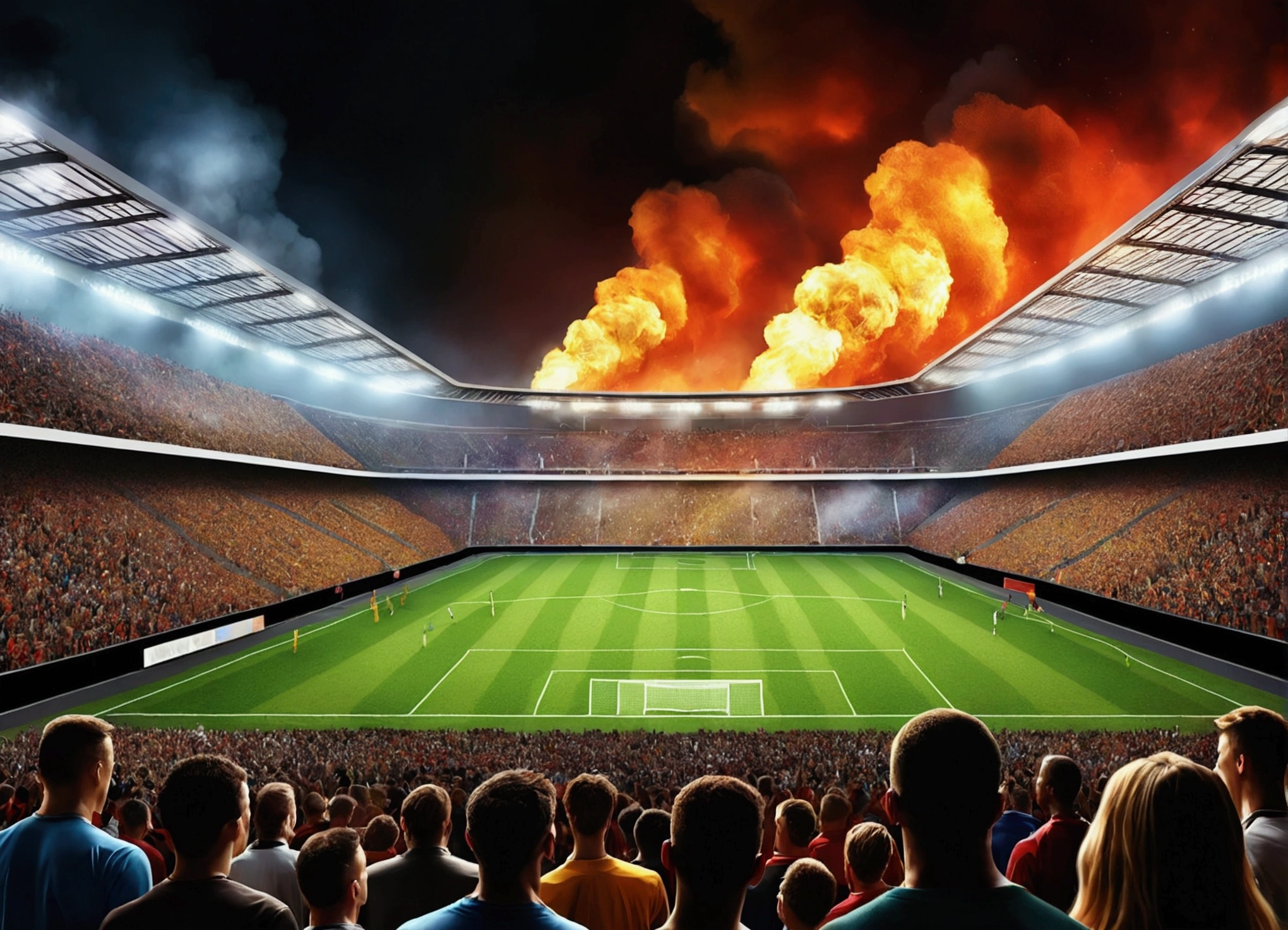 Create a view from inside the football field., The players looked at the crowd., realistic crowd, colors, fire, Point of interest