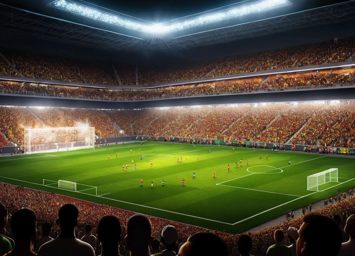 Create a view from inside the football field., The players looked at the crowd., realistic crowd, colors, fire, Point of interest