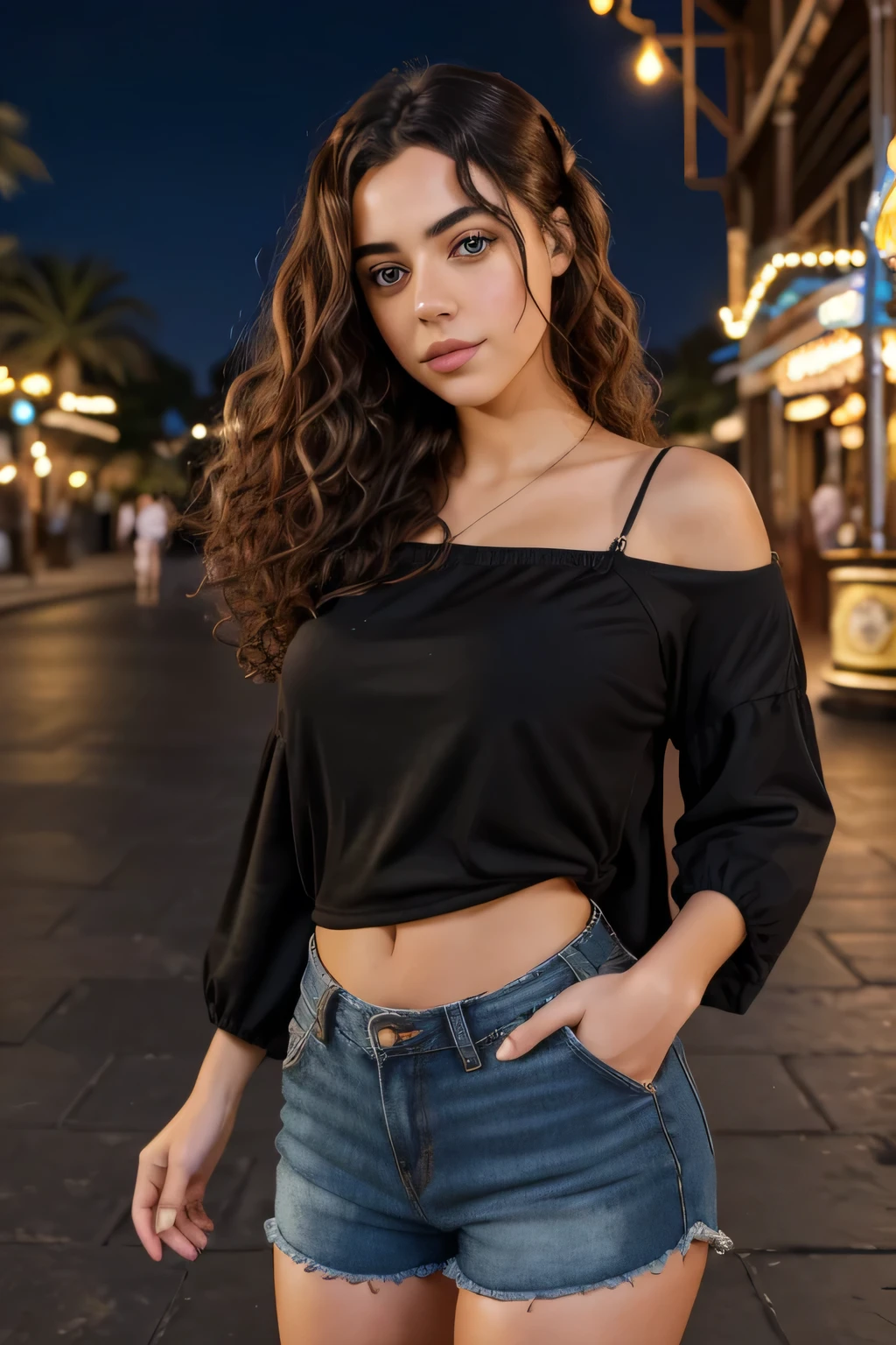 "Generate a UHD, realistic, high-quality portrait image of a beautiful model in her 20's with curly brown hair. Capture her in full clothes, showcasing her Syrian descent and captivating black eyes with a Billie Eilish nose. The image should include closeup and side poses with a nervous smile. She is dressed in a top and shorts, highlighting her curves, and depicted in different poses against a theme park background at night. Show her walking, surrounded by the vibrant lights and atmosphere of the theme park to reflect her natural elegance and charm."
Resolution: 16K UHD
Style: Realistic, best quality, high details
Subject: Beautiful model in her 20's
Hair: Curly, brown hair
Clothing: Full clothes on, top and shorts
Descent: Syrian
Eyes: Black, captivating
Nose: Billie Eilish nose
Pose: Closeup, side pose, walking pose, different poses
Expression: Nervous smile
Background: Theme park at night, vibrant lights
Keywords for AI Generation:
UHD portrait image
Realistic, high-quality, high details
Beautiful model, 20's
Curly brown hair
Syrian descent
Black captivating eyes
Billie Eilish nose
Closeup, side pose, walking pose
Nervous smile
Full clothes on, top and shorts
Curves
Theme park background, night