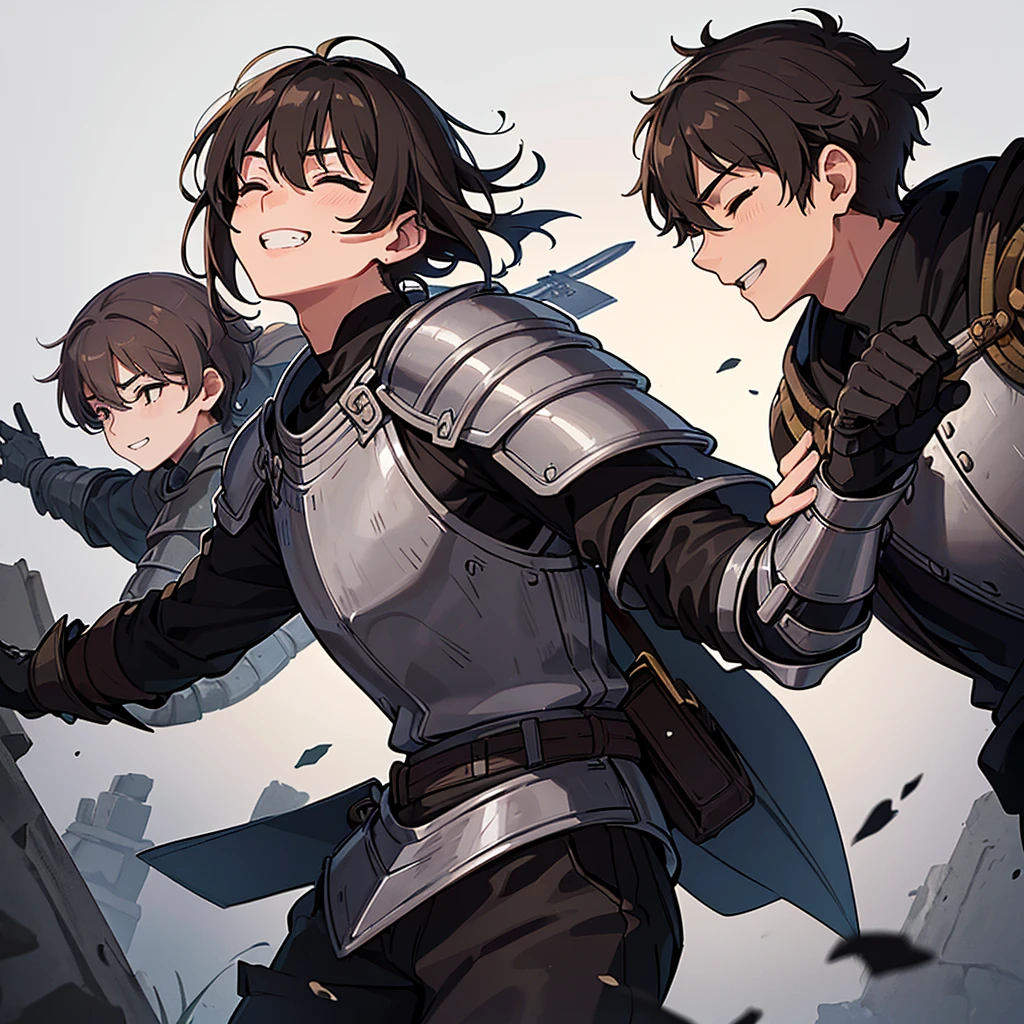 Best illustrations、Best Quality、(((Simple grey armor、Black trousers、Black gloves、Short Hair、Brown Hair、20 year old man)))、(((Grab the sword、Get Ready)))、(Old ruins、desert。Grass)、Fall to the floor、(Black, muddy swamp)、(仮面の中世の騎士が10 people)、(smile、Clench your teeth、smile、Smile、Close your eyes、Close your eyes)、(lots of medieval knights、10 people)、battlefield、(From the side)、(White background)、Raise your hands