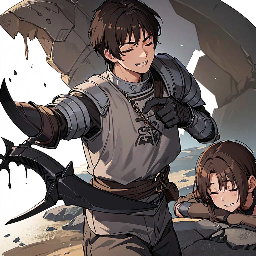 Best illustrations、Best Quality、(((Simple grey armor、Black trousers、Black gloves、Short Hair、Brown Hair、20 year old man)))、(((Grab the sword、Get Ready)))、(Old ruins、desert。Grass)、Fall to the floor、(Black, muddy swamp)、(仮面の中世の騎士が10 people)、(smile、Clench your teeth、smile、Smile、Close your eyes、Close your eyes)、(lots of medieval knights、10 people)、battlefield、(From the side)、(White background)、Raise your hands