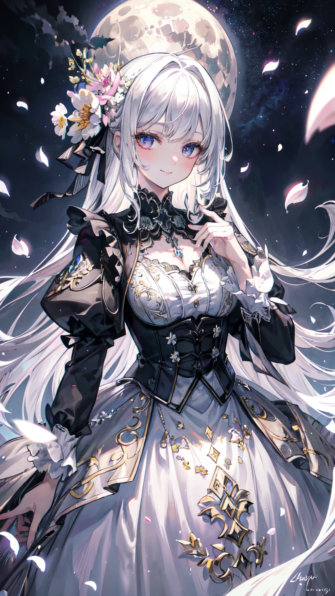 masterpiece, best quality, 1girl, (colorful),(finely detailed beautiful eyes and detailed face),cinematic lighting,bust shot,extremely detailed CG unity 8k wallpaper,white hair,solo,smile,intricate skirt,((flying petal)),(Flowery meadow) sky, cloudy_sky, building, moonlight, moon, night, (dark theme:1.3), light, fantasy,