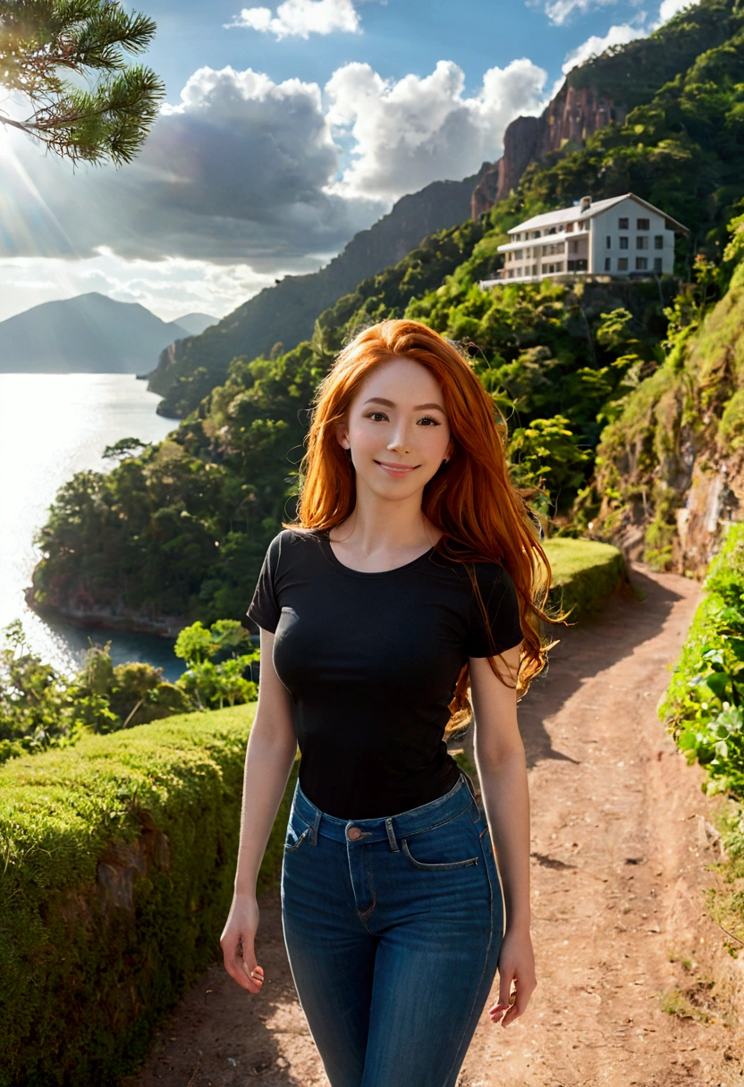 ultra realistic, photography, long red hair, girl, 24 years old, hourglass figure, perfect body, Flirty look, extremely detailed artgerm, in the style artgerm, small breasts, facing the camera, lens 35 mm, blur background, blue_sky, building, bush, cliff, cloud, cloudy_sky, day, forest, grass, horizon, house, jungle, lake, lens_flare, light_rays, mountain, nature, outdoors, path, pine_tree road, scenery, sky, sun, sunbeam, sunlight, sunset, tree, tree_shade, water, (Woman:1.4), tight jeans, black t-shirt, walking, solo, smiling, hands behind body