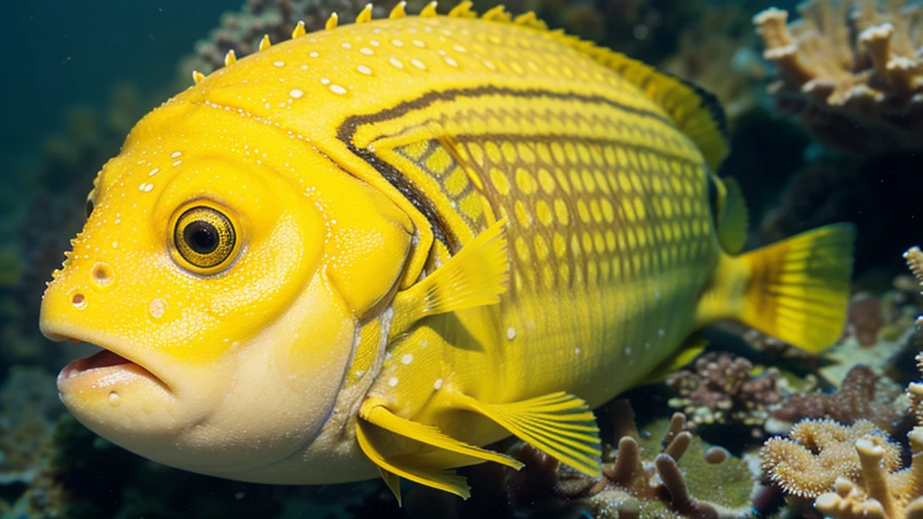 Close-Up Macro Shot of a Colorful yellow Boxfish for Marine Photography, Ocean Conservation, Aquatic Life Documentation, Marine Biology Studies, and Underwater Exploration