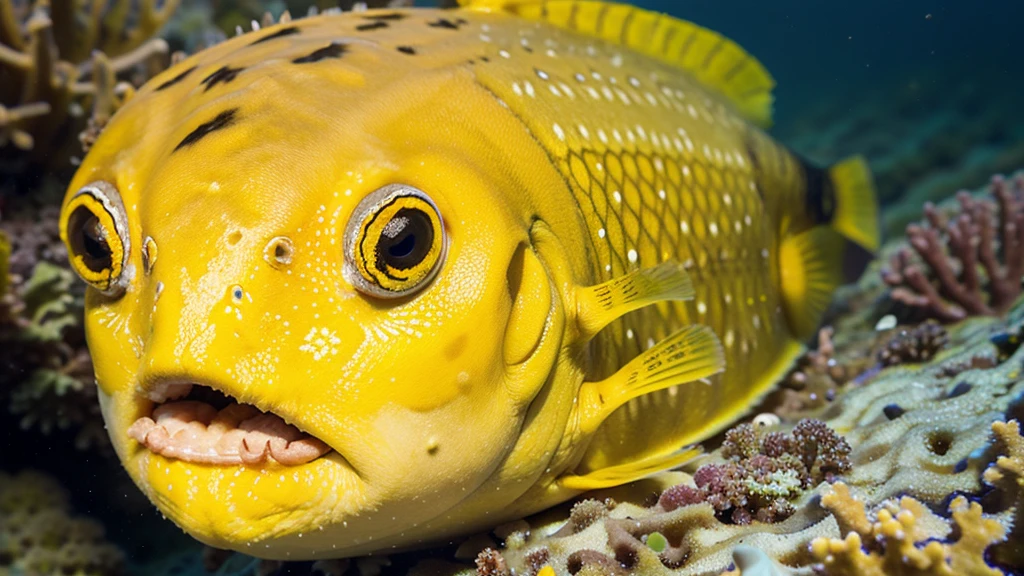 Close-Up Macro Shot of a Colorful yellow Boxfish for Marine Photography, Ocean Conservation, Aquatic Life Documentation, Marine Biology Studies, and Underwater Exploration