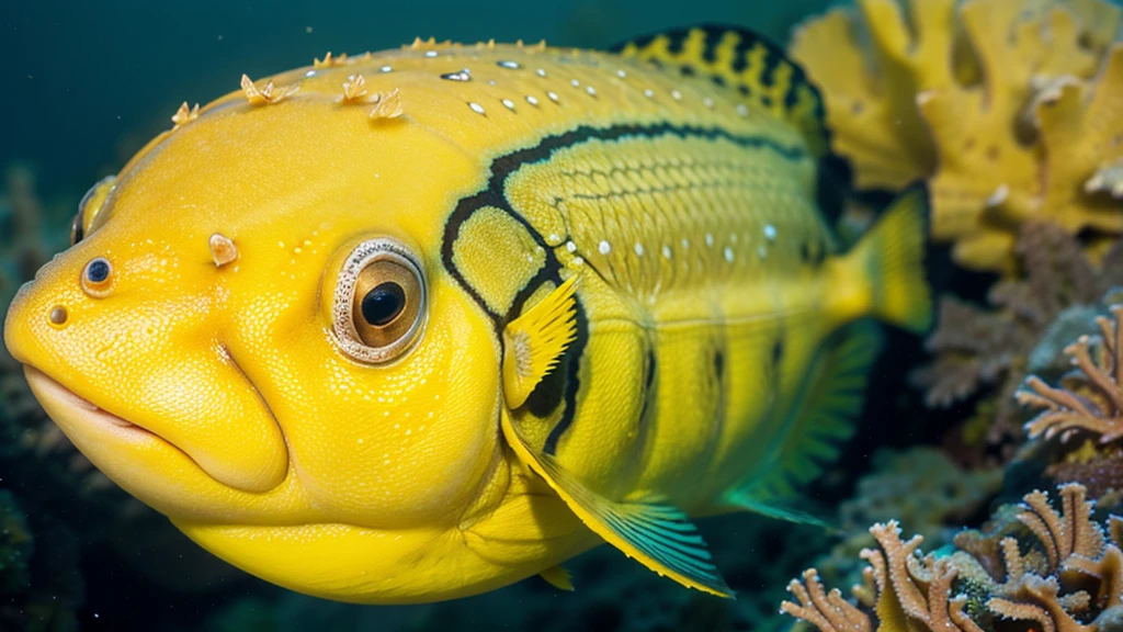 Close-Up Macro Shot of a Colorful yellow Boxfish for Marine Photography, Ocean Conservation, Aquatic Life Documentation, Marine Biology Studies, and Underwater Exploration