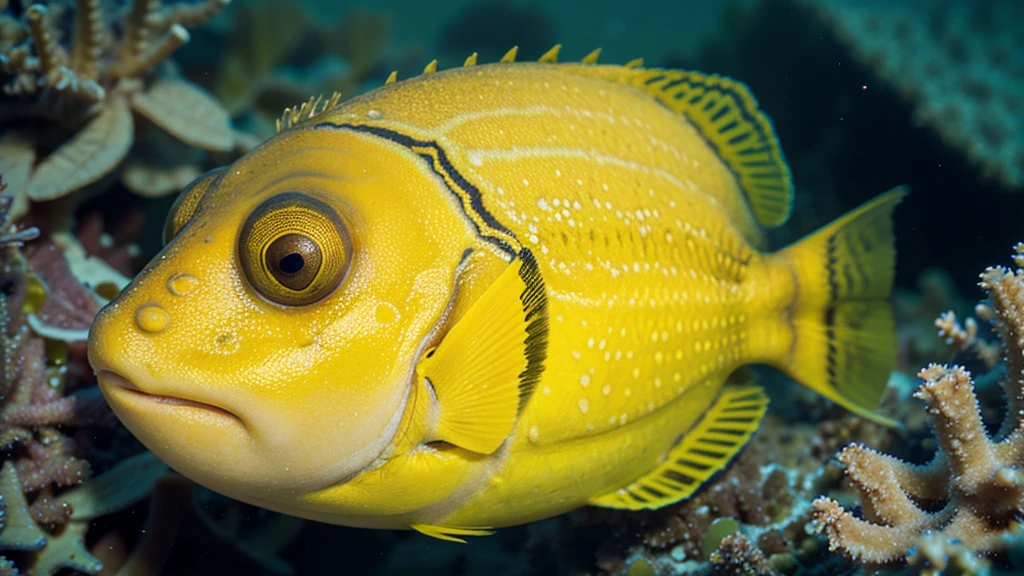 Close-Up Macro Shot of a Colorful yellow Boxfish for Marine Photography, Ocean Conservation, Aquatic Life Documentation, Marine Biology Studies, and Underwater Exploration