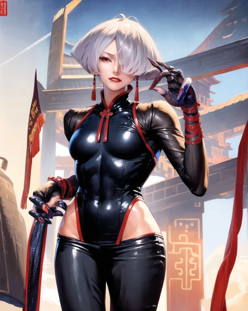 (masterpiece, best quality, high resolution),cowboy shot,solo,  akims, 1girl, mole, claw \(weapon\), clothing cutout,  dress, chinese clothes,  bodysuit, pants,  