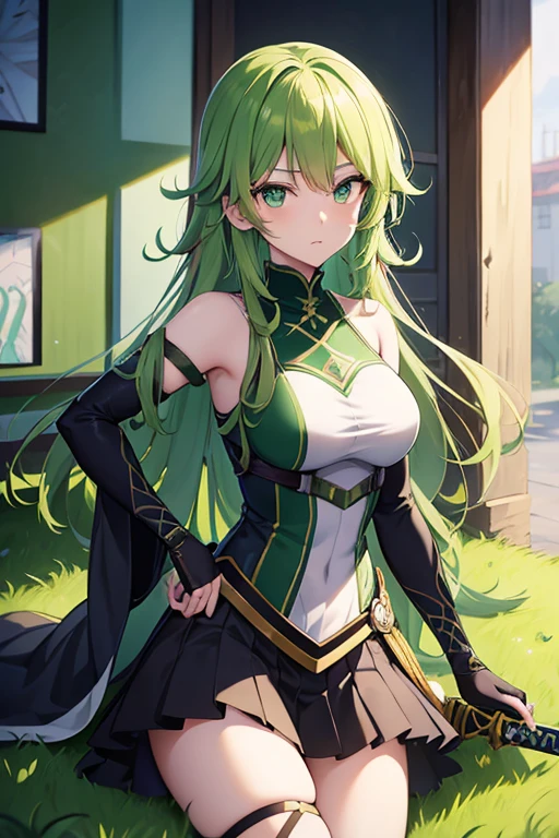Anime girl with green hair and green eyes holding a sword, portrait Zodiac Knight Girl, Villain Anime Girl, Girl in Armor, Zodiac Knight Girl, From Arknights, Tatsumaki, Created by Anime Painter Studio, The truth of the matter, Official artwork, Blonde emerald warrior, Painted in an anime artist&#39;s studio, Krentzkus Heart, Portrait of a female anime hero, Also