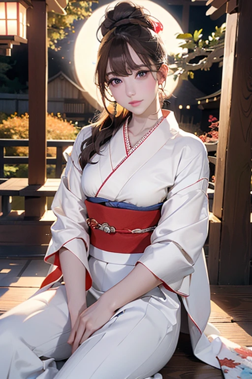 (Official Art、Highest quality、Unity 8k wallpaper、masterpiece、Ultra-high resolution)、Slender、Ample breasts、Highly detailed background、Beautiful girl in yukata、(Highly detailed face and eyes、Beautiful Face、Beautiful Eyes、Beautiful nose、Pretty lips)、Japanese garden、Cowboy Shot、Sitting on the porch、moon明かり、moon、Autumn scenery、
