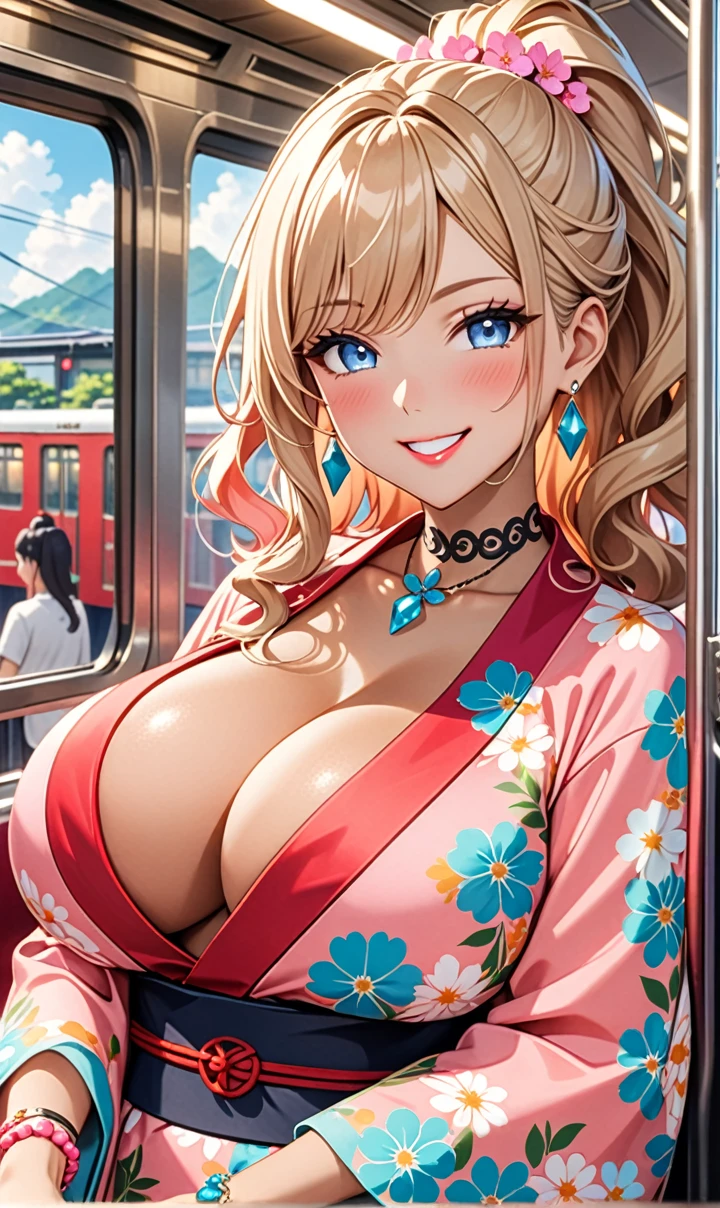 ultra-detailed, ((one girl)),  (tan skin:1.4), in pastel colors gyaru, (heavy makeup), (professional lighting) hyper detailed, absurdres, 8k, Beautiful Face, (Laugh shyly), ((teasing smile:1.6)), ((happy smile:1.5)),  ((Wink:1.6)), (Laugh with your mouth wide open),((Tilt your face:1.6)), View your viewers, ((Bright red cheeks:1.6)), Glossy shocking pink lips, ((huge breasts:1.6)),  ((undressing)), ((1. Lifting her clothes to show her nipples)), ((Her tattoo peeked through her kimono)), noon, summer, on the train, Anime style background)),masterpiece, Highest quality, (Brighten your face), so beautiful,Latest, Complex details, ((fluorescent pink long nail:1.2)), (ring),((bracelet)), ((Floral choker)),AI-generated, Complex,High resolution, Highest quality, super high quality,3D Images、3D Images,One person, Blonde long hair ,(High Ponytail), (wavy hair:1.4), Anime woman posing for a photo, ((Fine grain、blue eyes、glowing eyes:1.3)), (Squint your eyes:1.1),a hyperRealistic , hyperRealistic , Realistic,Long blonde anime woman, Smooth anime CG art, A girl in a gorgeous pastel-colored kimono, ((Pastel-colored furisode)),(Pink large floral pattern),  (sideboob), Long flower hair ornament,Big earrings, Mature Body, tall,Narrow waist, (portrait),  (Sit in your seat), 