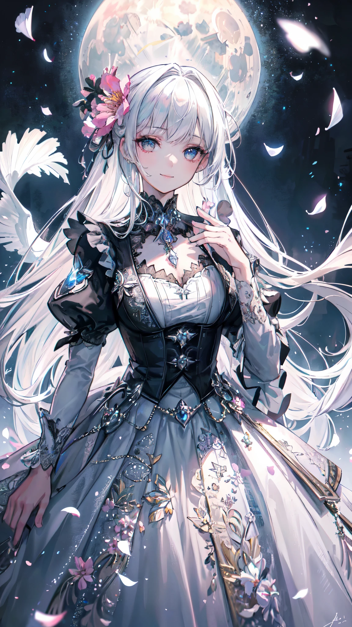 masterpiece, best quality, 1girl, (colorful),(finely detailed beautiful eyes and detailed face),cinematic lighting,bust shot,extremely detailed CG unity 8k wallpaper,white hair,solo,smile,intricate skirt,((flying petal)),(Flowery meadow) sky, cloudy_sky, building, moonlight, moon, night, (dark theme:1.3), light, fantasy,
