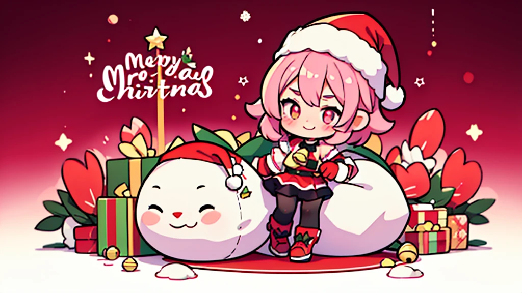 Masterpiece,1 girl, Serina,pink_hair, glove, black_glove, carry_trim, have, Santa Claus_Costume, Christmas, open_mouth, smile, bell, alone, red_hat, tights, white_background, pink_eyes, Santa Claus_have,
