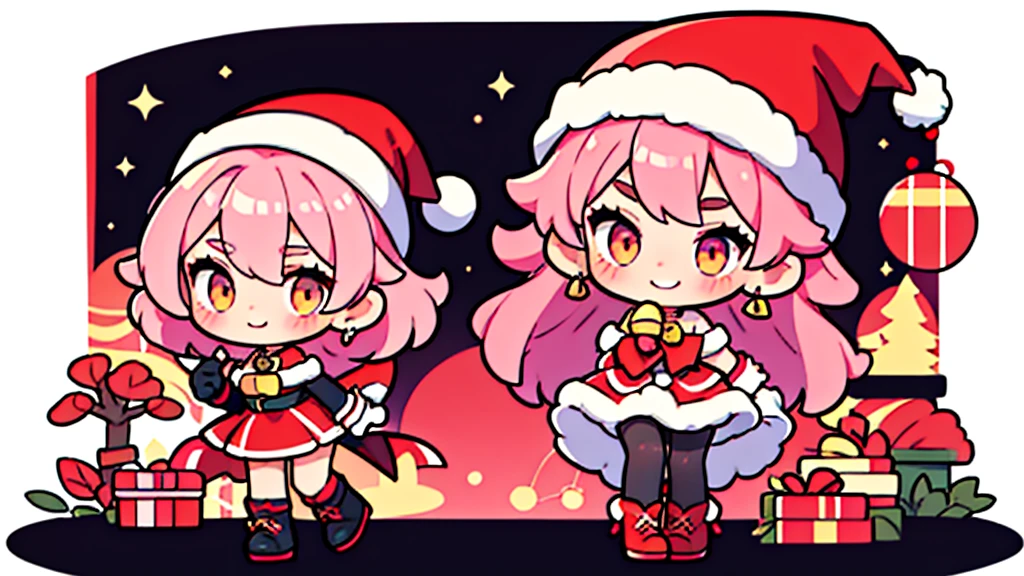 Masterpiece,1 girl, Serina,pink_hair, glove, black_glove, carry_trim, have, Santa Claus_Costume, Christmas, open_mouth, smile, bell, alone, red_hat, tights, white_background, pink_eyes, Santa Claus_have,