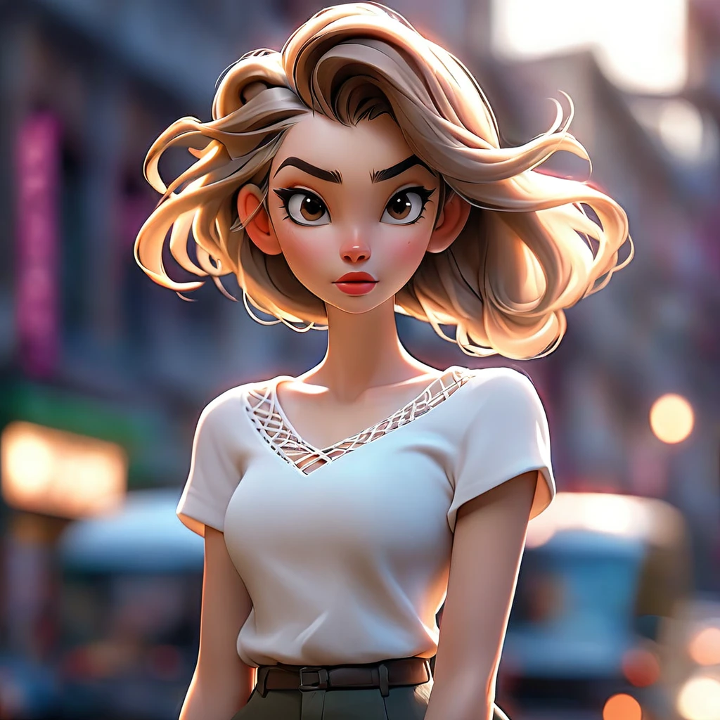 best quality, photorealistic, 1girl, woman,(skindentation), medium breast, (bright), (professional lighting, bokeh), (street), people, crowds, braided bangs, (blouse:1.5), (portait:0.8), gorgeous, bloom, floating hair, (dynamic pose:0.6) , soft lighting, 