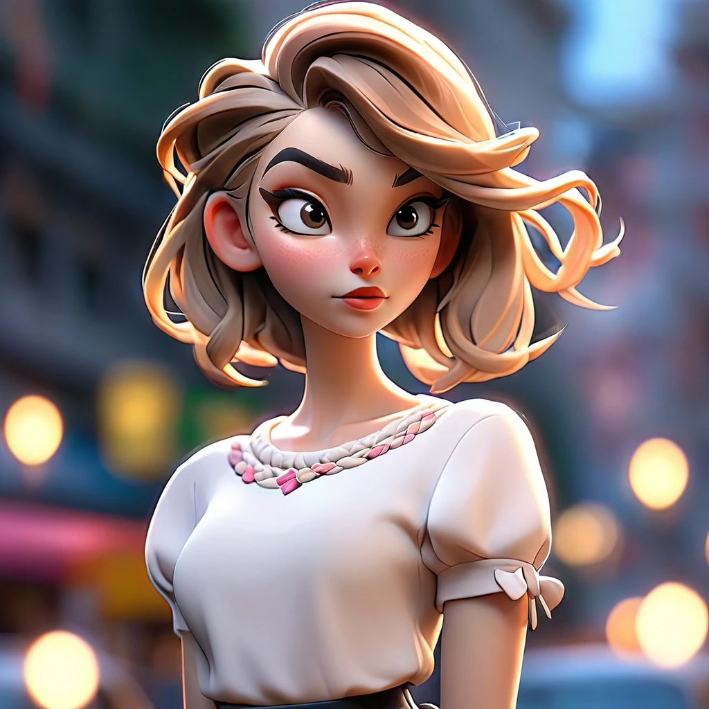 best quality, photorealistic, 1girl, woman,(skindentation), medium breast, (bright), (professional lighting, bokeh), (street), people, crowds, braided bangs, (blouse:1.5), (portait:0.8), gorgeous, bloom, floating hair, (dynamic pose:0.6) , soft lighting, 