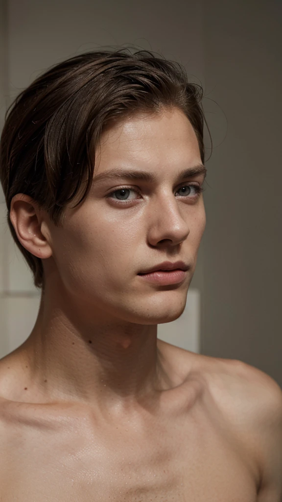 Janis Ancens, preppy haircut, naked, close-up, looking away