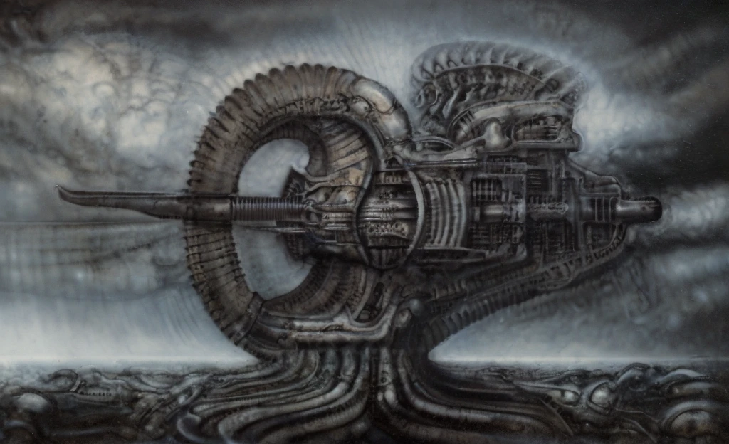 The image is a detailed view of H.R. Giger's biomechanical tableau \" Landscape XVI \" plate, featuring.
(airbrush painting, Giger's alien in front of broken alien ship in landscape, natural light, sharp focus, illustration, highly detailed, digital painting, concept art, matte, art by gric and kozhanov and moebius and Alphonse Mucha, masterpiece, HDR ,UHD , uplight, in HRGigerArhP style);1.
surrealistic painting of a monster with multiple tentacles and a body that looks like a brain, surrounded by a chaotic scene of swirling clouds and other monsters
It's a complex network of bones and organs in eldritch color scheme:a greenish-brown hue ,swirling gery and brown colors. The artwork is silverish and green brown, with an ivory bones prominently displayed. The image is highly detailed and intricate, almost like a 3d version of a medical sketchwork.
The piece is a tableau, most likely created with a India ink pen or pencil on paper, determined by the thin lines, shading techniques, and the texture of the paper, which is visible around the edges.
Used is pen, given the shading and variations in line weight visible in the image. Artist have used a variety of stylus with different degrees of hardness to achieve the shading effects.
The use of undersaturated green-grays dark contrasts creates a stark and graphic look. Is used a variety of linework techniques to create different textures. Fine, parallel lines create a smooth, metallic texture,while thicker, more cursive lines suggest cables or wires.
Light source from the top highlights skeletals, pper part of foreground, lower part of image is in shadowupper part of foreground, lower part of image is in shadow.
The art performance showcases the artist’s skills in observation and rendering. The level of detail in the piece suggests a close study of real bone specimens and mechanics. The artist has skillfully used shading techniques to create a convincing illusion of three-dimensionality on a flat surface. The wrinkles
