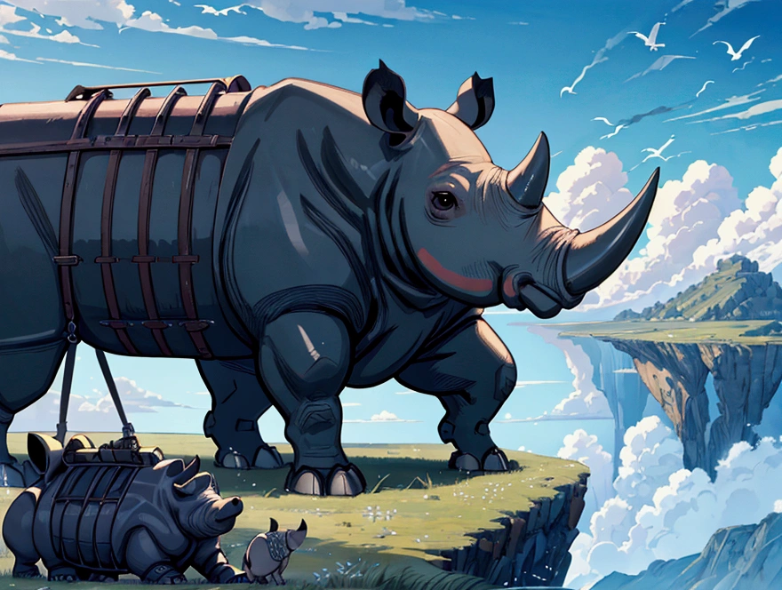 (illustration, best quality, masterpiece, official art:1.1), rhino, grass floor, birds in sky, blue sky, landscape, focus and zoom on rhino