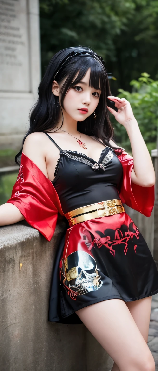 A cute and fairytale-like punk idol girl、whole body、Good style、、、、、、、、、、Thick legs、、Shiny Red and Gold Skull Kimono Dress、Neat and clean idol face、Graffiti Cemetery(Glowing)、Black Wave hair、